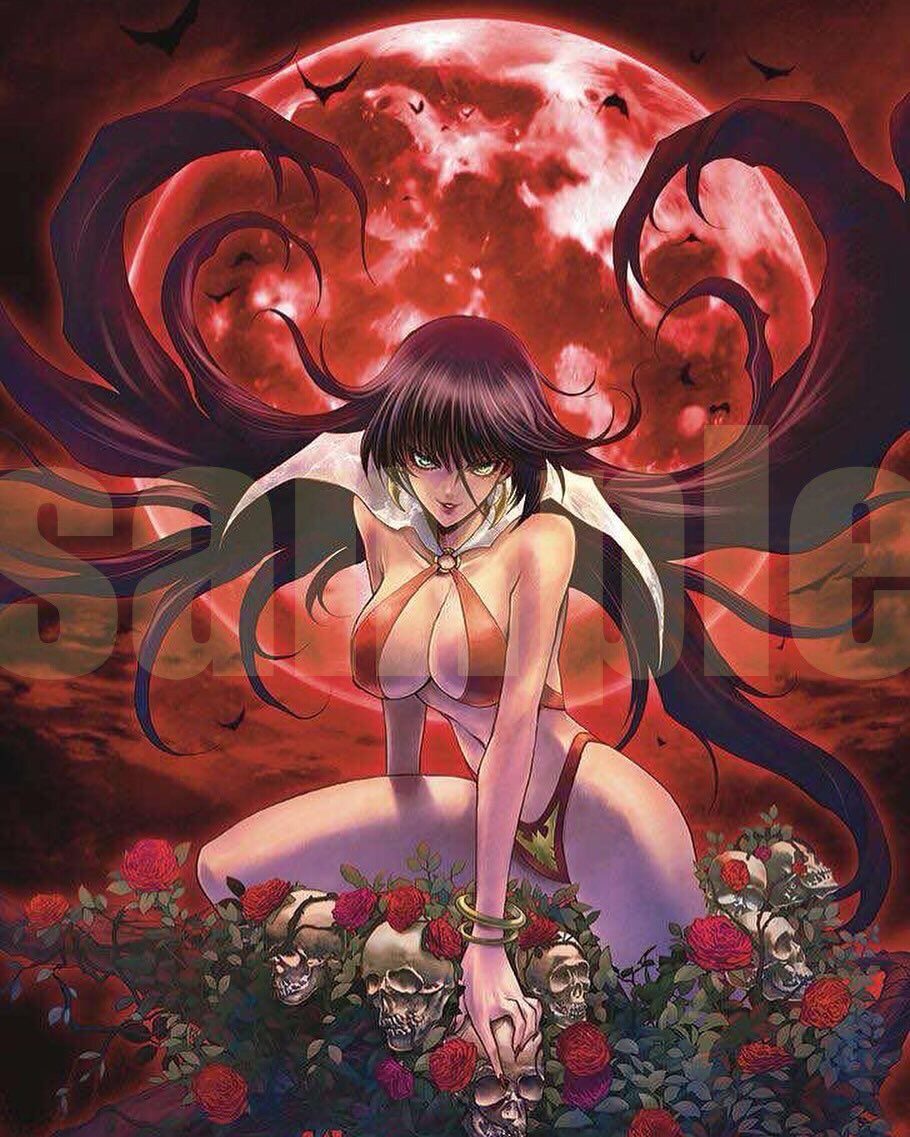 shiki satoshi, vampirella (character), vampirella, comic cover, official art, 1girl, bat (animal), black hair, bracelet, breasts, cleavage, earrings, flower, full moon, green eyes, jewelry, large breasts, long hair, looking at viewer, moon, navel, o-ring, panties, parted lips, red flower, red moon, red panties, red rose, red sky, red theme, rose, sample watermark, skull, sky, solo, underwear, vampire, watermark