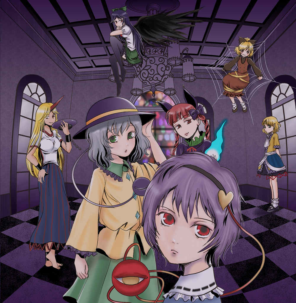 mikaduki nanao, mikazuki nanao, hoshiguma yuugi, kaenbyou rin, komeiji koishi, komeiji satori, kurodani yamame, mizuhashi parsee, subterranean animism, touhou, silver hair, bad id, bad pixiv id, 6+girls, animal ears, arm warmers, barefoot, blonde hair, bow, braid, cat ears, cat girl, chireiden, dress, everyone, female focus, green eyes, hair ribbon, hairband, hat, heart, horns, long hair, multiple girls, pointy ears, purple eyes, purple hair, red eyes, red hair, ribbon, scarf, shoes, short hair, silk, single horn, socks, spider web, twin braids, twintails, window, wings