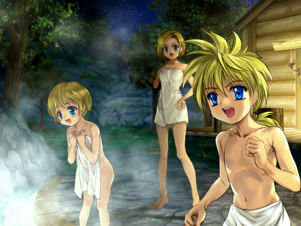 mutsuki (moonknives), bianca (dq5), hero's daughter (dq5), hero's son (dq5), dragon quest, dragon quest v, square enix, 1boy, 2girls, age difference, barefoot, blonde hair, blue eyes, brother and sister, covering privates, family, family bonding, feet, loli, mixed-sex bathing, mother and daughter, mother and son, multiple girls, naked towel, night, nude, nude cover, onsen, outdoors, shared bathing, siblings, steam, toes, topless male, towel, water