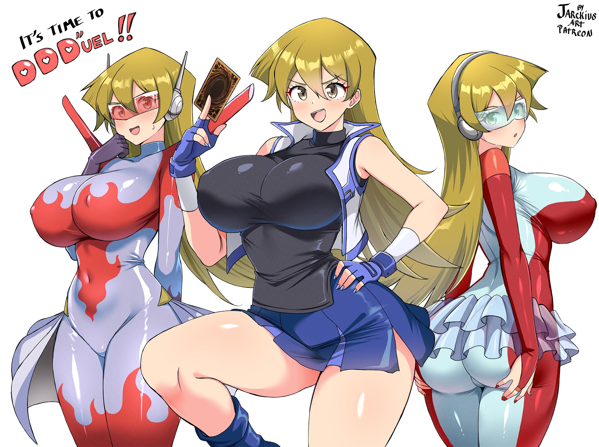 jarckius, cyber blader, cyber tutu, tenjouin asuka, yu-gi-oh!, yu-gi-oh! gx, commentary, english commentary, highres, paid reward available, 1girl, :d, alternate breast size (larger), alternate costume, arm behind back, artist name, ass, bare arms, bare legs, bare shoulders, black shirt, blue boots, blue gloves, blue nails, blue skirt, blue trim, blush, bodysuit, boots, breasts, brown eyes, brown hair, card, cosplay, covered erect nipples, covered navel, cowboy shot, cyber blader (cosplay), cyber tutu (cosplay), double-parted bangs, duel academy uniform (yu-gi-oh! gx), duel monster, english text, fingerless gloves, gloves, groin, hair between eyes, hand up, hands on own ass, holding, holding card, huge breasts, impossible clothes, impossible shirt, knee up, long hair, long hair between eyes, looking at viewer, miniskirt, multiple persona, nail polish, open clothes, open mouth, open vest, parted lips, red nails, shiny skin, shirt, side slit, simple background, skirt, sleeveless, sleeveless shirt, small sweatdrop, smile, trading card, turtleneck, turtleneck shirt, tutu, v-shaped eyebrows, very long hair, vest, white background, white vest