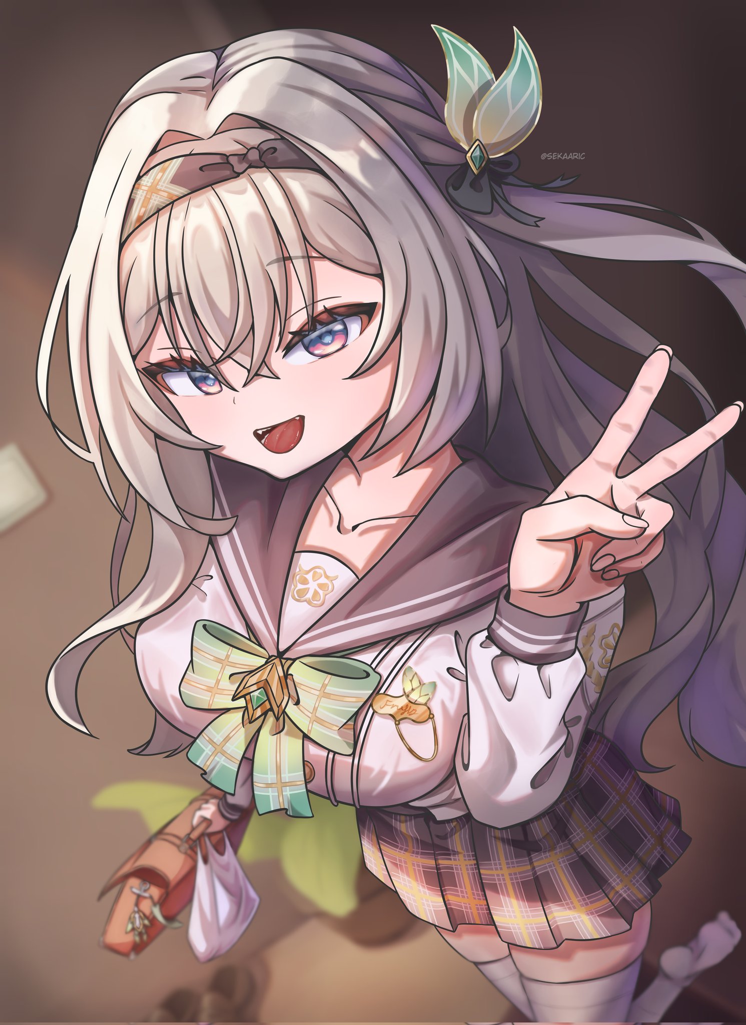 firefly (honkai: star rail), firefly (spring missive) (honkai: star rail), honkai: star rail, honkai (series), highres, 1girl, bag, black hairband, black ribbon, bow, bowtie, brown bag, gradient eyes, green bow, green bowtie, green pupils, grey hair, grey sailor collar, grey skirt, hair between eyes, hair intakes, hair ornament, hair ribbon, hairband, holding, holding bag, long hair, multicolored eyes, no shoes, open mouth, plaid bow, plaid bowtie, plaid clothes, pleated skirt, ribbon, sailor collar, sekaaricc, skirt, smile, solo, thighhighs, v, white thighhighs