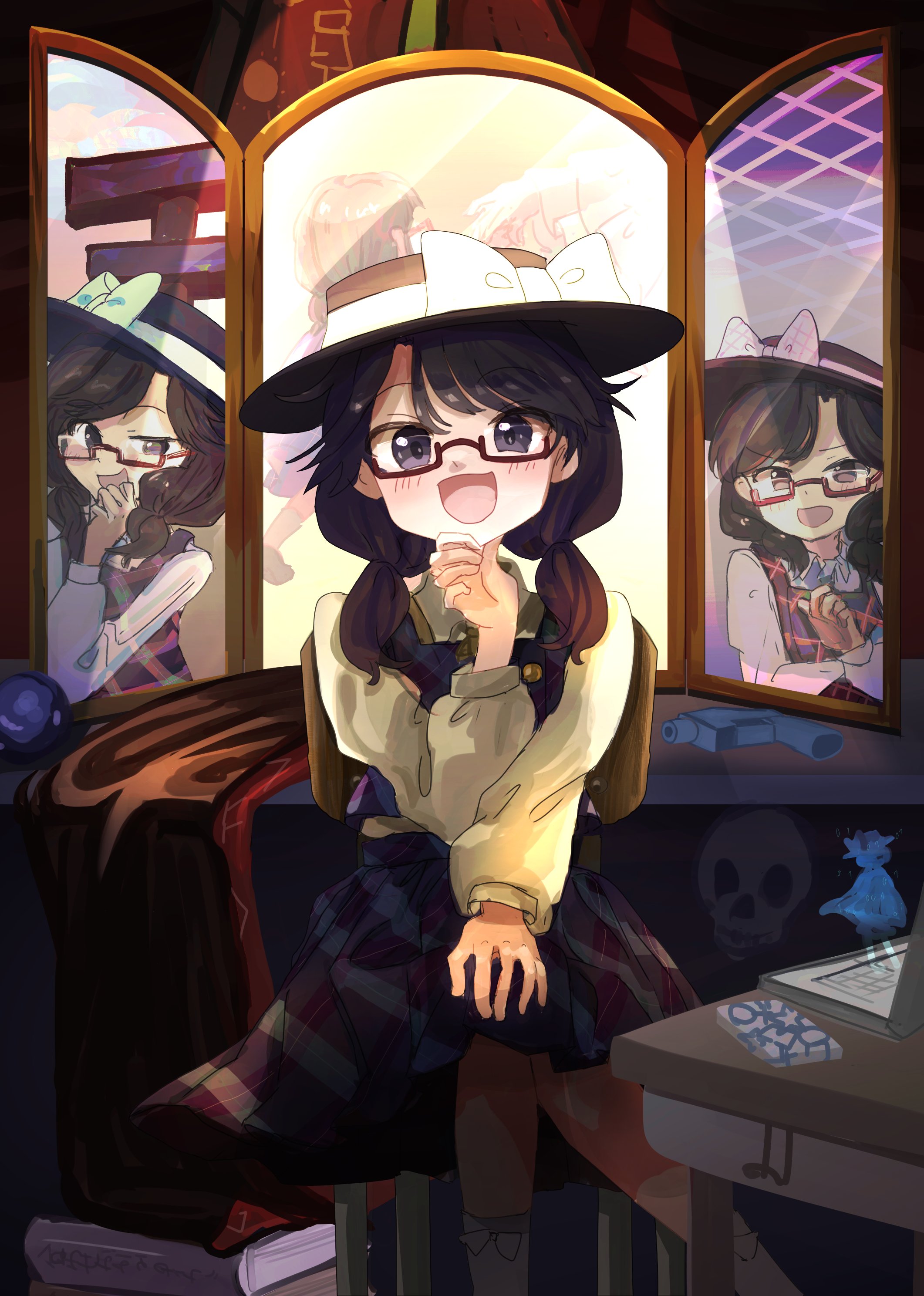 minus (sr mineka), usami sumireko, touhou, absurdres, highres, 1girl, black hat, black shoes, blush, book, book stack, bow, brown eyes, brown hair, cape, chair, collared shirt, computer, crossed legs, defense distributed liberator, desk, dream world (touhou), flustered, glasses, gun, hand on own chin, hand on own knee, handgun, hat, hat bow, hologram, laptop, looking at viewer, mirror, multiple views, open mouth, plaid clothes, plaid skirt, plaid vest, purple skirt, purple vest, red-framed eyewear, red cape, runes, school desk, shirt, shoes, short twintails, sitting, skirt, skull, smug, socks, solo, torii, twintails, two-tone cape, unworn cape, vest, weapon, white bow, white shirt, white socks, wooden chair