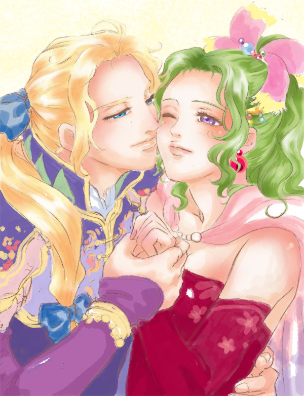merahando, edgar roni figaro, tina branford, final fantasy, final fantasy vi, 1990s (style), 1boy, 1girl, blonde hair, blue eyes, cape, couple, detached sleeves, green hair, hetero, holding hands, kiss, one eye closed, ponytail, purple eyes, wink
