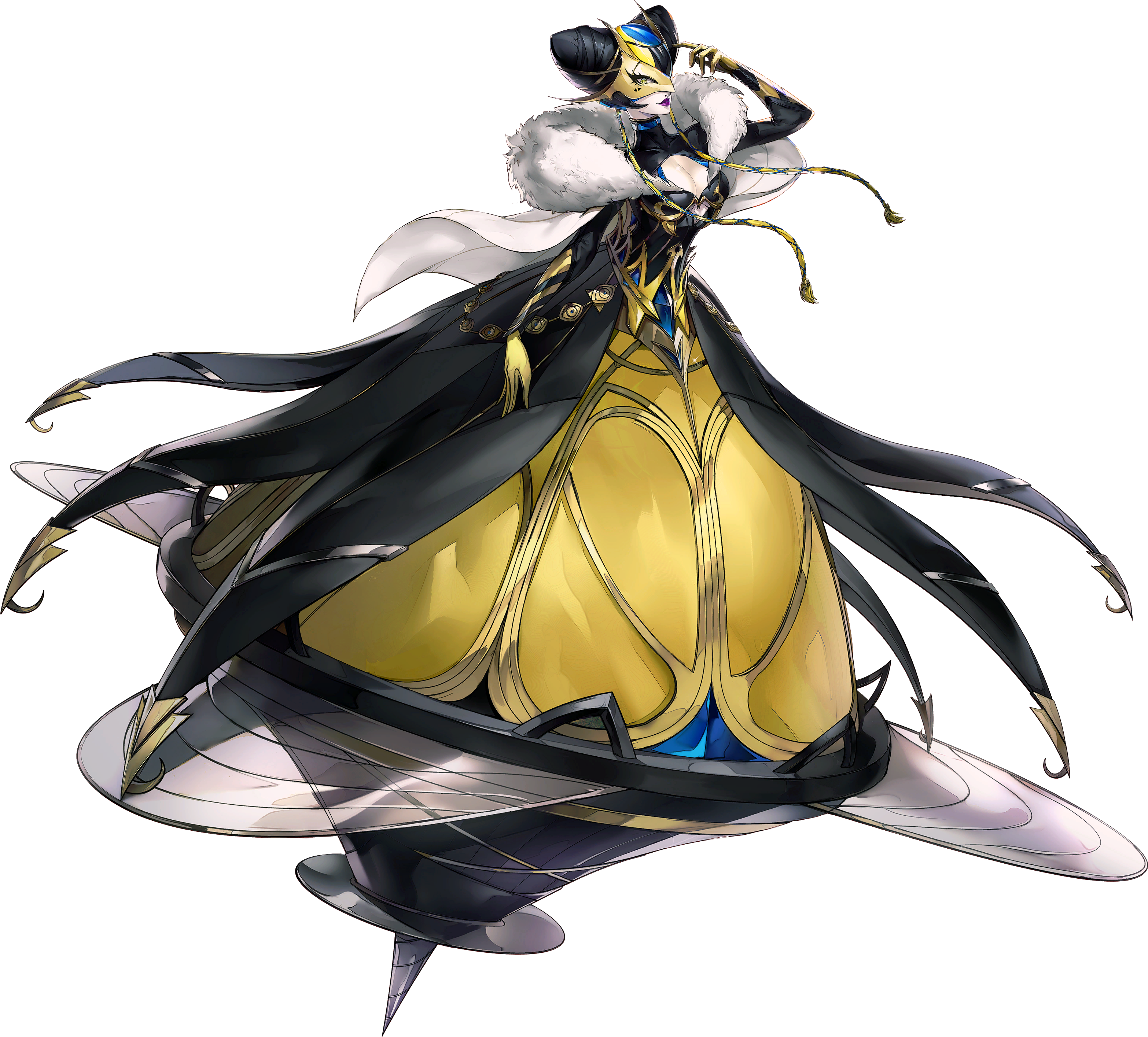 persona, persona 5, persona 5: the phantom x, absurdres, artist request, highres, official art, 1girl, black hair, breasts, cleavage, cleavage cutout, cleodora (persona), clothing cutout, dress, full body, mask, persona (summon), purple lips, solo, transparent background, yellow eyes