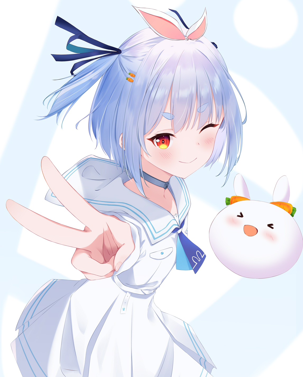 riya (01214), pekomon (usada pekora), usada pekora, usada pekora (casual), hololive, commentary request, highres, > <, 1girl, :d, ;), animal ears, blue hair, blush, carrot hair ornament, choker, closed eyes, closed mouth, dress, food-themed hair ornament, grey choker, hair ornament, looking at viewer, one eye closed, open mouth, pleated dress, puffy short sleeves, puffy sleeves, rabbit-shaped pupils, rabbit ears, red eyes, short eyebrows, short sleeves, smile, solo focus, symbol-shaped pupils, thick eyebrows, two side up, v, virtual youtuber, white dress, xd
