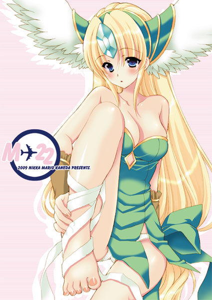 mario kaneda, riesz, seiken densetsu, seiken densetsu 3, bad id, bad pixiv id, 00s, 1girl, 2009, barefoot, blonde hair, blue eyes, blush, breasts, cleavage, dress, feet, head wings, helmet, long hair, low-tied long hair, panties, underwear, very long hair, winged helmet, wings