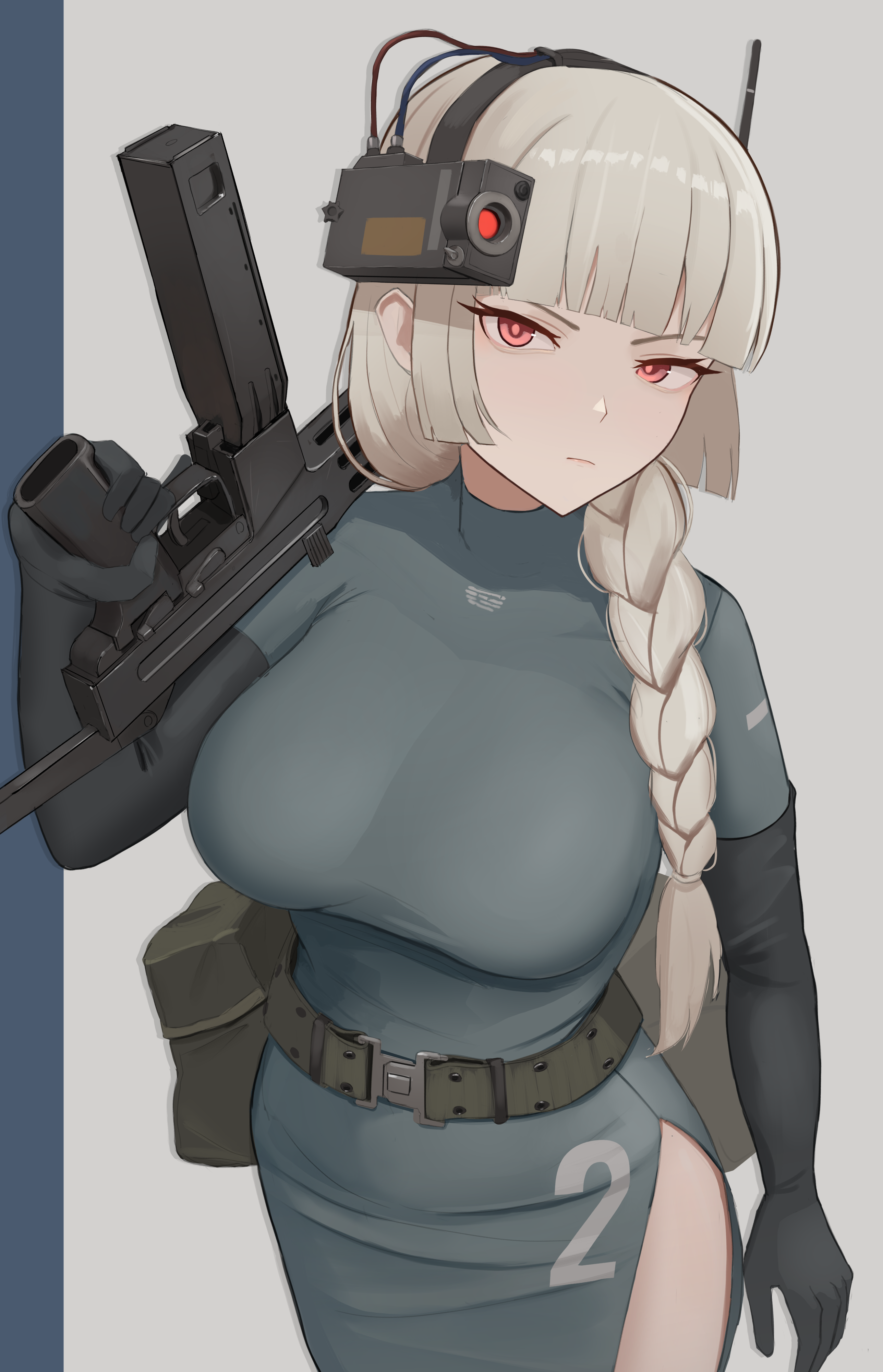 klottinen, original, absurdres, commentary, commentary request, english commentary, highres, 1girl, belt, belt pouch, black gloves, blonde hair, blunt bangs, braid, braided ponytail, breasts, brown belt, brown eyes, camera, closed mouth, clothes writing, cowboy shot, dress, elbow gloves, gloves, grey background, grey dress, headgear, large breasts, long dress, long hair, looking at viewer, magazine (weapon), pouch, radio antenna, serious, side slit, simple background, single braid, spectre m4, thighs, trigger discipline, turtleneck, turtleneck dress