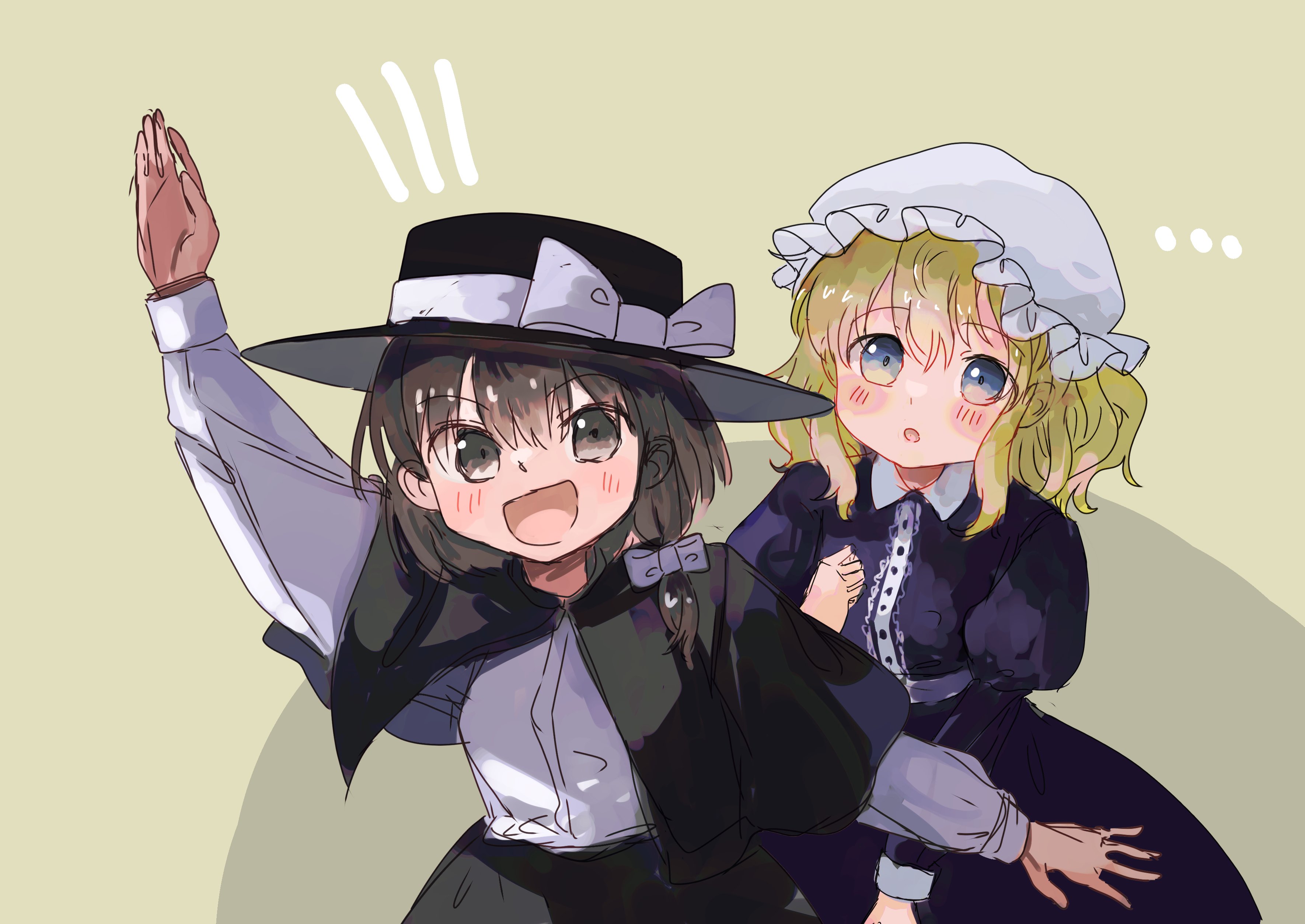 minus (sr mineka), maribel hearn, usami renko, touhou, absurdres, highres, …, 2girls, :o, black capelet, black hat, black skirt, blonde hair, blue eyes, blush, bow, brown eyes, brown hair, capelet, collared dress, cowboy shot, dress, ears visible through hair, hair bow, hand up, hat, hat bow, long sleeves, looking at viewer, mob cap, multiple girls, open mouth, purple dress, shadow, shirt, shirt tucked in, short hair, skirt, white bow, white hat, white shirt, yellow background