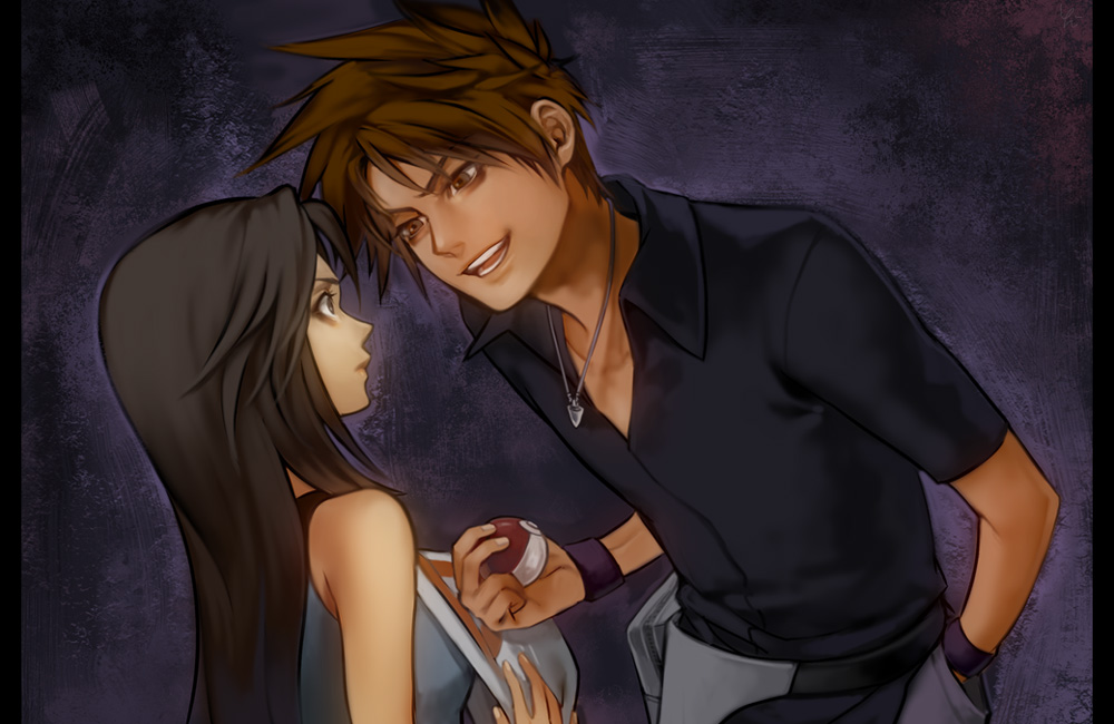 yohi, blue oak, blue oak (pokemon frlg), leaf (pokemon), nintendo, pokemon, pokemon frlg, pokemon rgby, bad id, bad pixiv id, 00s, 1990s (style), 1boy, 1girl, brown eyes, brown hair, hat, height difference, holding, holding poke ball, imminent rape, jewelry, lean in, leaning, necklace, open mouth, poke ball, poke ball (basic), retro artstyle, size difference, you gonna get raped