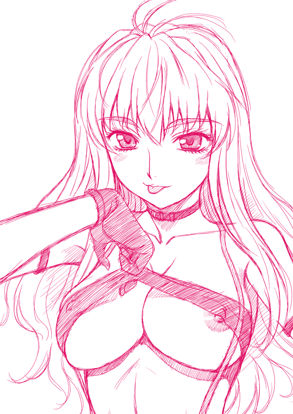misnon the great, sheryl nome, macross, macross frontier, 00s, 1girl, :p, bandeau, breasts, clothes lift, collar, female focus, gloves, large breasts, long hair, monochrome, nipples, shirt lift, sketch, solo, strapless, suspenders, tongue, tongue out, tube top, tube top lift