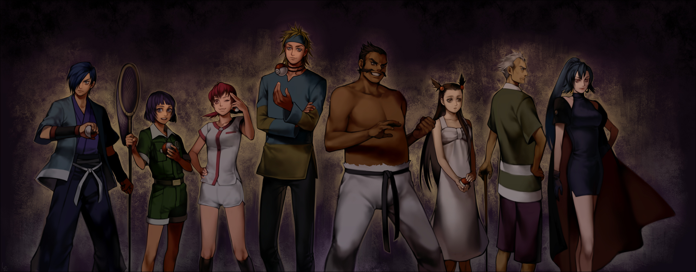 yohi, bugsy (pokemon), chuck (pokemon), clair (pokemon), falkner (pokemon), jasmine (pokemon), morty (pokemon), pryce (pokemon), whitney (pokemon), nintendo, pokemon, pokemon hgss, bad id, bad pixiv id, highres, long image, wide image, 00s, 3girls, 6+boys, belt, bow, butterfly net, cane, cape, dark, dress, gym leader, gym leaders, hair ornament, hairclip, hand net, headband, holding, holding poke ball, japanese clothes, johto, multiple boys, multiple girls, net, one eye closed, poke ball, poke ball (basic), ponytail, short shorts, shorts, smile, two side up, wink