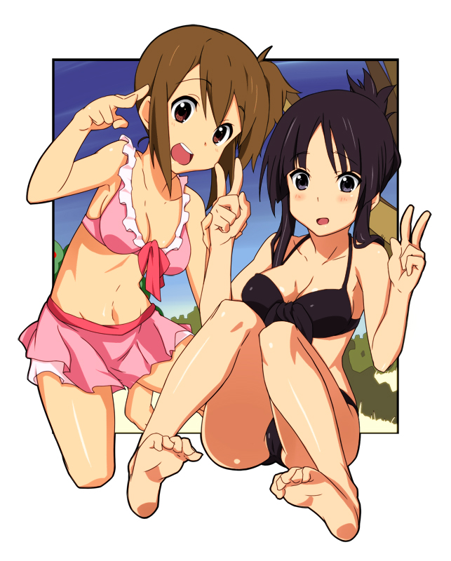 ashita kara ganbaro, akiyama mio, hirasawa yui, k-on!, bad id, bad pixiv id, 00s, 2girls, alternate hairstyle, barefoot, bikini, black eyes, black hair, brown eyes, brown hair, cameltoe, feet, long hair, multiple girls, navel, short hair, side ponytail, skirt, soles, swimsuit, toes, v