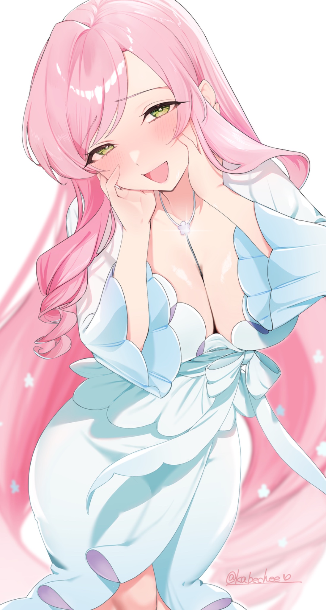 chikabe, hanazono hahari, kimi no koto ga dai dai dai dai daisuki na 100-nin no kanojo, commission, highres, skeb commission, 1girl, :d, blurry, blush, bow, breasts, cleavage, depth of field, dress, drill hair, green eyes, hands on own cheeks, hands on own face, heart, heart-shaped pupils, jewelry, large breasts, long hair, mature female, necklace, open mouth, pink hair, signature, smile, solo, symbol-shaped pupils, twitter username, very long hair, white dress