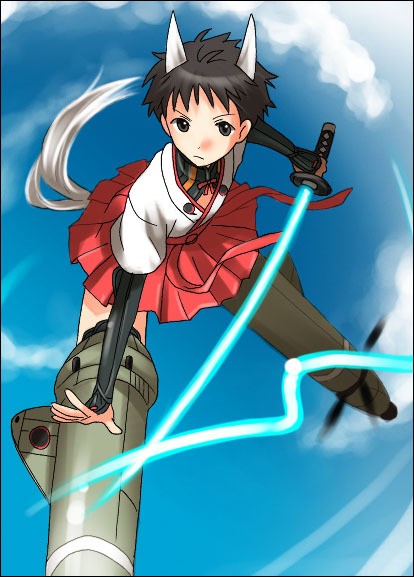 ikari shinji, shin-chan (evangelion), neon genesis evangelion, strike witches, world witches series, 1girl, androgynous, animal ears, female focus, genderswap, genderswap (mtf), katana, parody, solo, sword, tail, weapon