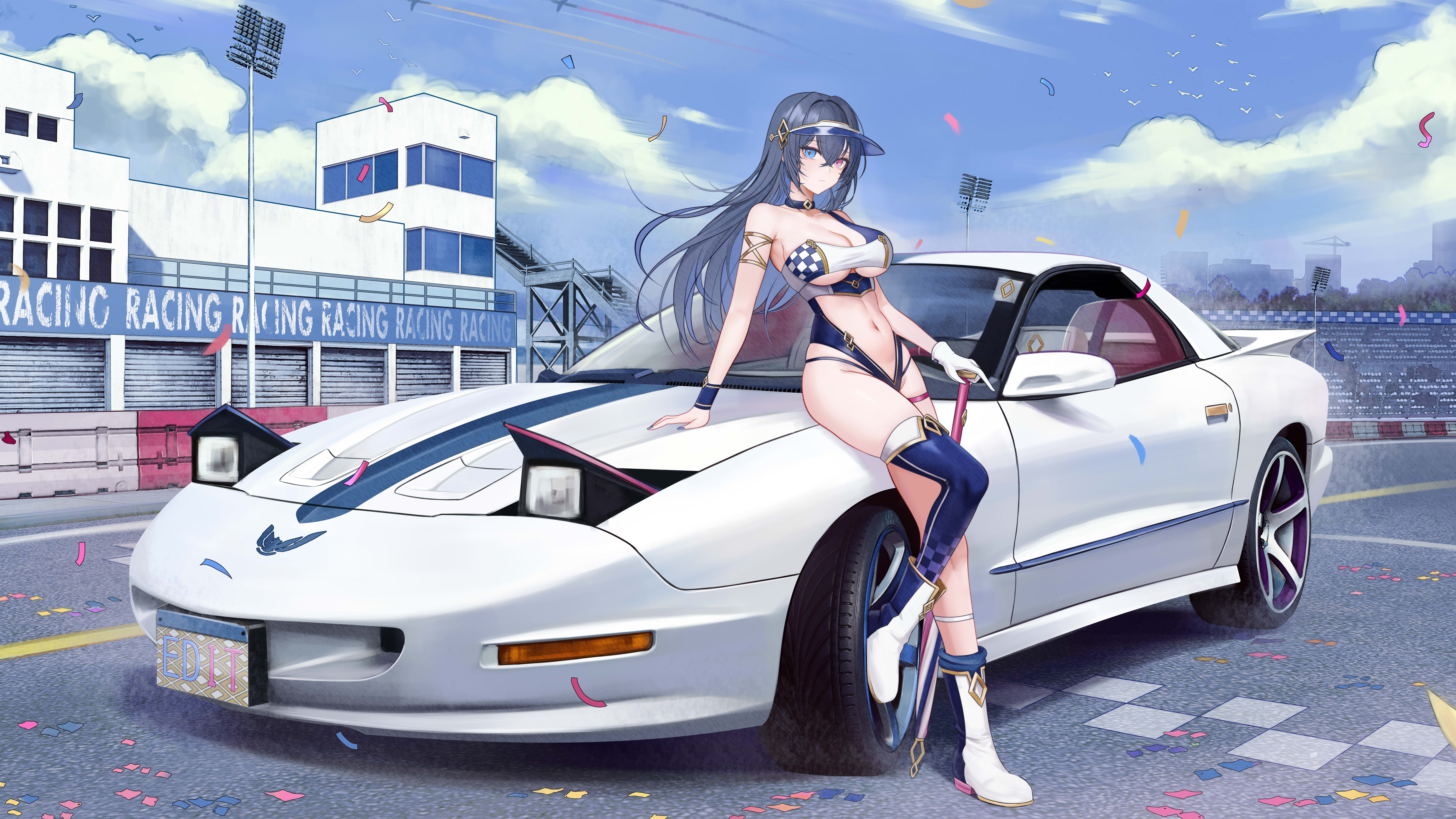 kcar66t, original, pontiac, absurdres, commentary, commission, highres, vehicle request, 1girl, arm strap, arm support, asymmetrical legwear, bare shoulders, blue choker, blue eyes, blue leotard, blue nails, blue sky, blue socks, blue thighhighs, boots, breasts, car, choker, cleavage, closed mouth, closed umbrella, clothing cutout, cloud, collarbone, confetti, crossed bangs, day, full body, gloves, grey hair, hair between eyes, heterochromia, holding, holding umbrella, large breasts, leotard, long hair, looking at viewer, motor vehicle, multicolored leotard, navel, outdoors, pontiac firebird, pontiac firebird trans am, purple eyes, race queen, racetrack, shadow, sidelocks, single glove, single thighhigh, sky, socks, solo, standing, standing on one leg, stomach, stomach cutout, thighhighs, two-tone leotard, umbrella, visor cap, white boots, white gloves, white leotard, wristband