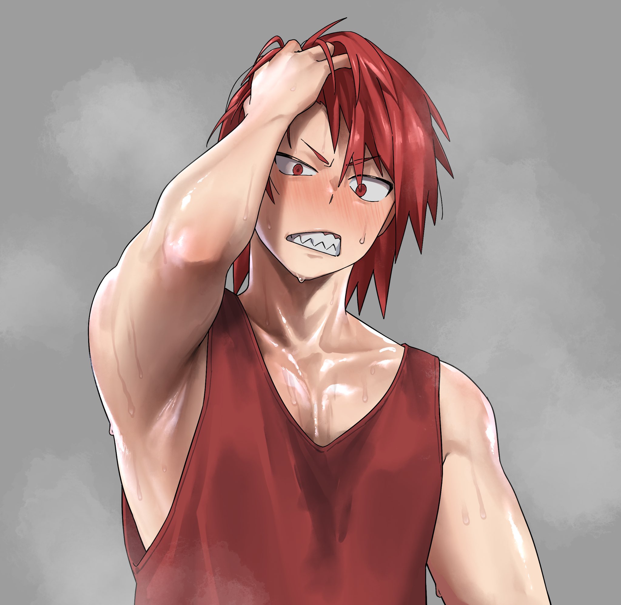 as (as21 00), kirishima eijiro, boku no hero academia, commentary, highres, symbol-only commentary, 1boy, armpits, blush, collarbone, hair down, hand in own hair, male focus, pectoral cleavage, pectorals, red eyes, red hair, red tank top, sharp teeth, shiny skin, solo, sweat, tank top, teeth, toned, toned male, upper body