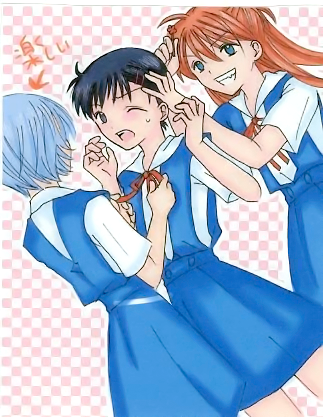 ayanami rei, ikari shinji, souryuu asuka langley, neon genesis evangelion, lowres, 1boy, 2girls, crossdressing, hair ornament, hairclip, multiple girls, trap