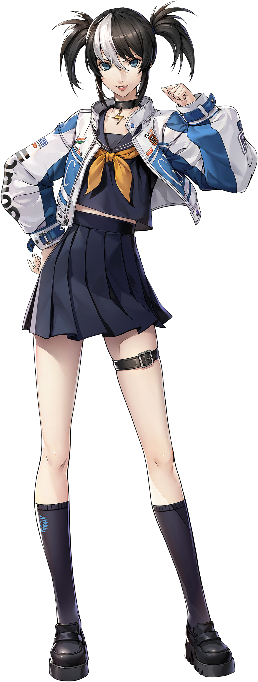 persona, persona 5, persona 5: the phantom x, artist request, highres, official art, 1girl, belt, black hair, black shoes, black socks, blue eyes, choker, full body, hair tie, hashimoto mayumi, jacket, lightning bolt symbol, multicolored hair, school uniform, serafuku, shoes, skirt, smile, socks, solo, standing, thigh belt, thigh strap, transparent background, twintails, two-tone hair, white hair