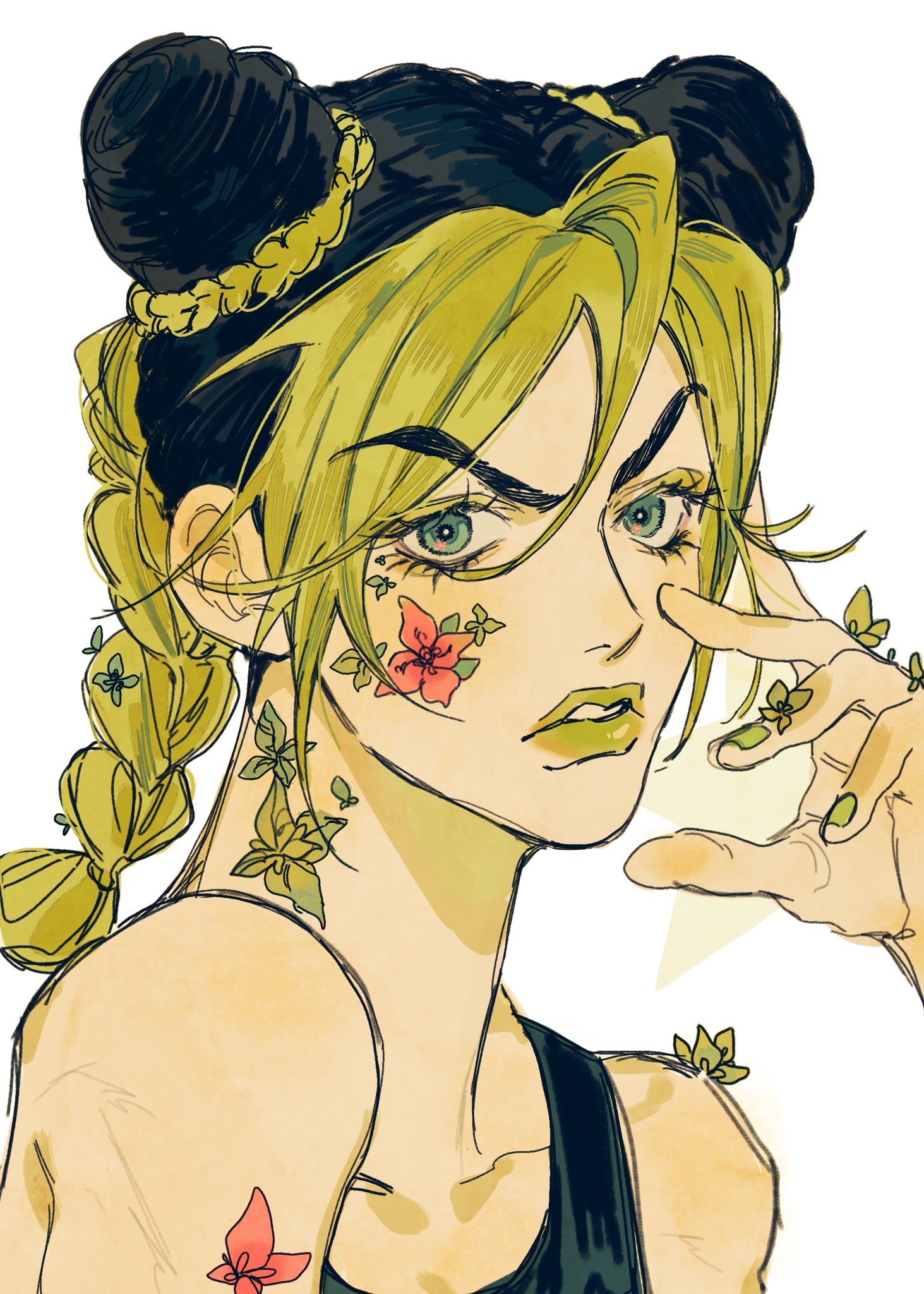 mnnd, kuujou jolyne, jojo no kimyou na bouken, stone ocean, commentary, highres, symbol-only commentary, 1girl, black hair, blue eyes, braid, braided bun, double bun, flower, green hair, green lips, hair bun, hand on own face, hand up, long hair, looking at viewer, nail polish, parted lips, portrait, solo, star (symbol), tank top