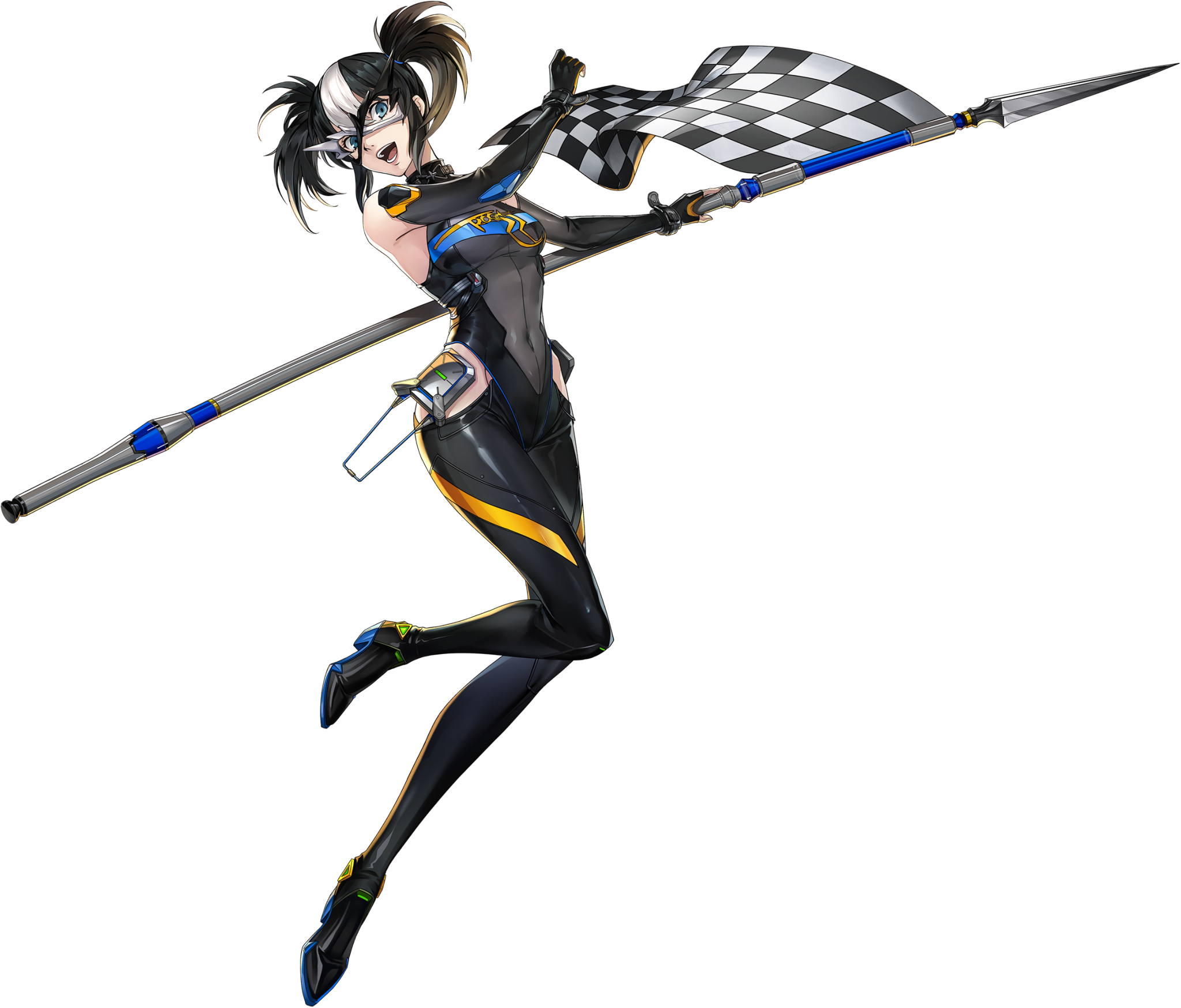 persona, persona 5, persona 5: the phantom x, artist request, highres, official art, 1girl, black hair, blue eyes, breasts, checkered flag, covered navel, flag, full body, hair tie, hashimoto mayumi, holding, holding polearm, holding weapon, open mouth, polearm, solo, spear, transparent background, turbo (p5x), twintails, weapon, white hair