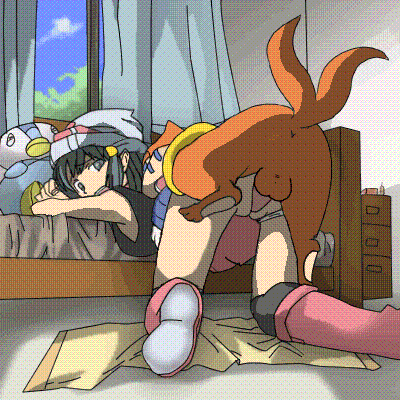 zaitsu, buizel, hikari (pokemon), piplup, nintendo, pokemon, creatures (company), game freak, animated, animated gif, duplicate, lowres, 1girl, armpits, beanie, bed, bedroom, bent over, boots, doggystyle, from behind, fucked silly, gen 4 pokemon, grey eyes, grey hair, hat, knee boots, looking back, panties, penis, sex, stuffed animal, stuffed toy, underwear, vaginal