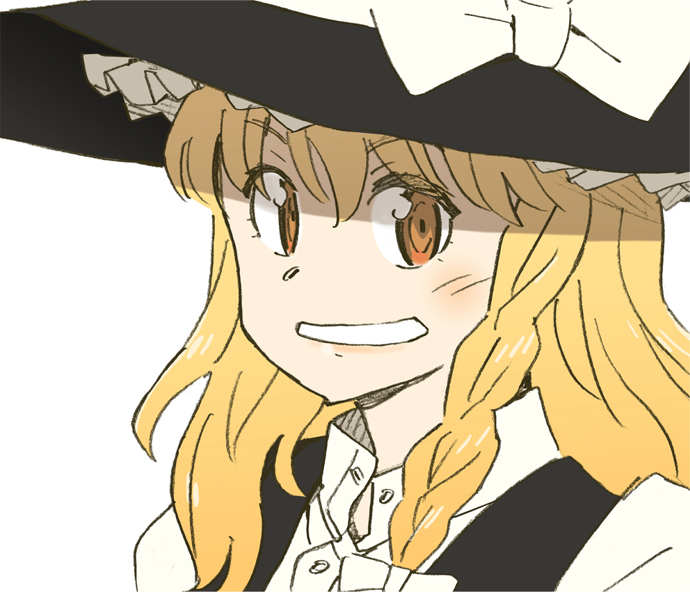 katou haruaki, kirisame marisa, touhou, 1girl, blonde hair, blush, braid, female focus, hat, ribbon, short hair, simple background, smile, solo, upper body, white background, witch, witch hat, yellow eyes