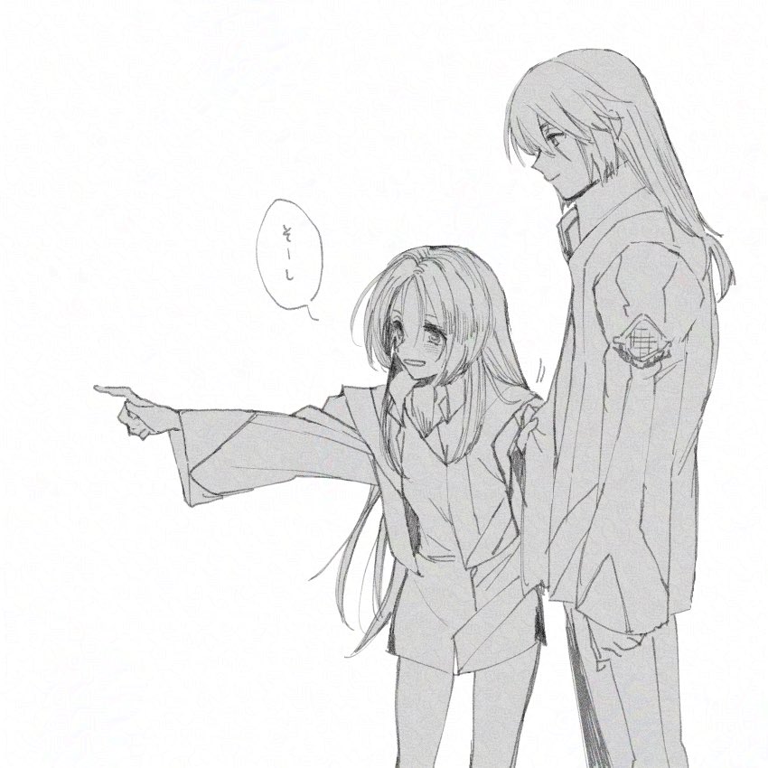 michi naka, minashiro soushi, minashiro tsubaki, soukyuu no fafner, 1boy, 1girl, alvis uniform, brother and sister, cropped jacket, dress, greyscale, height difference, long hair, monochrome, pants, pointing, scar, scar across eye, scar on face, siblings, simple background, sketch, smile, speech bubble, white background