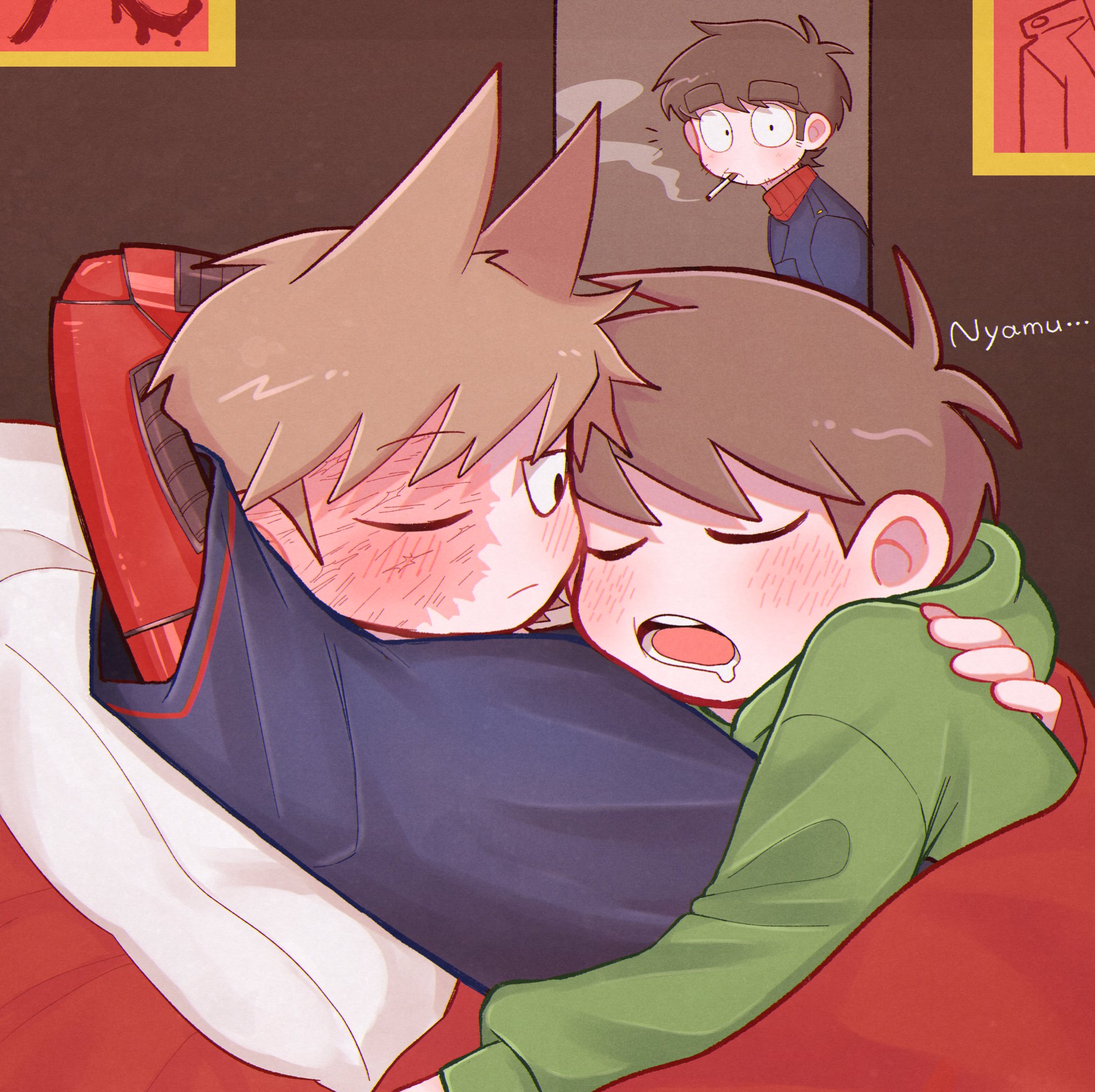 edd (eddsworld), eddsworld, commentary, highres, symbol-only commentary, 3boys, arm behind head, black shirt, blush, brown hair, burn scar, cigarette, closed eyes, couple, cuddling, green hoodie, hair ears, hood, hood down, hoodie, indoors, looking at another, male focus, mau (edd tom), mechanical arms, multiple boys, one eye closed, open mouth, paul (eddsworld), pillow, scar, shirt, short hair, single mechanical arm, sleeping, smoking, thick eyebrows, toon (style), tord (eddsworld), under covers, wide-eyed, yaoi