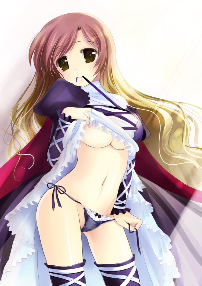 natsukawa sarasa, hijiri byakuren, touhou, untied, bad id, bad pixiv id, 1girl, breasts, cape, clothes lift, dress, dress lift, female focus, gradient hair, long hair, mouth hold, multicolored hair, navel, panties, side-tie panties, solo, thighhighs, underboob, underwear, undressing, untying, yellow eyes