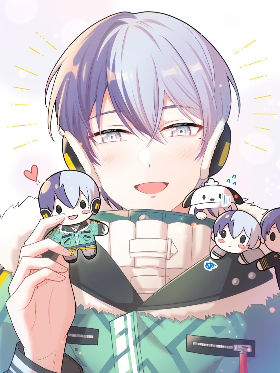 topi (crushedpaprika), aoyagi touya, project sekai, commentary request, highres, 1boy, :d, blue eyes, blue hair, character doll, closed mouth, doll, earmuffs, hand up, heart, holding, holding doll, long sleeves, looking at viewer, male focus, mole, mole under eye, multicolored hair, notice lines, official alternate costume, open mouth, period of nocturne (project sekai), same dreams same colors (project sekai), short hair, simple background, smile, solo, split-color hair, two-tone hair, upper body, winter clothes, zipper