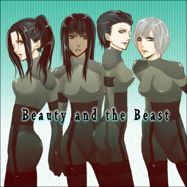 kadita, beauty and beast corps, crying wolf, laughing octopus, raging raven, screaming mantis, metal gear (series), metal gear solid 4: guns of the patriots, black hair, blue eyes, bodysuit, brown eyes, grey hair, long hair, short hair
