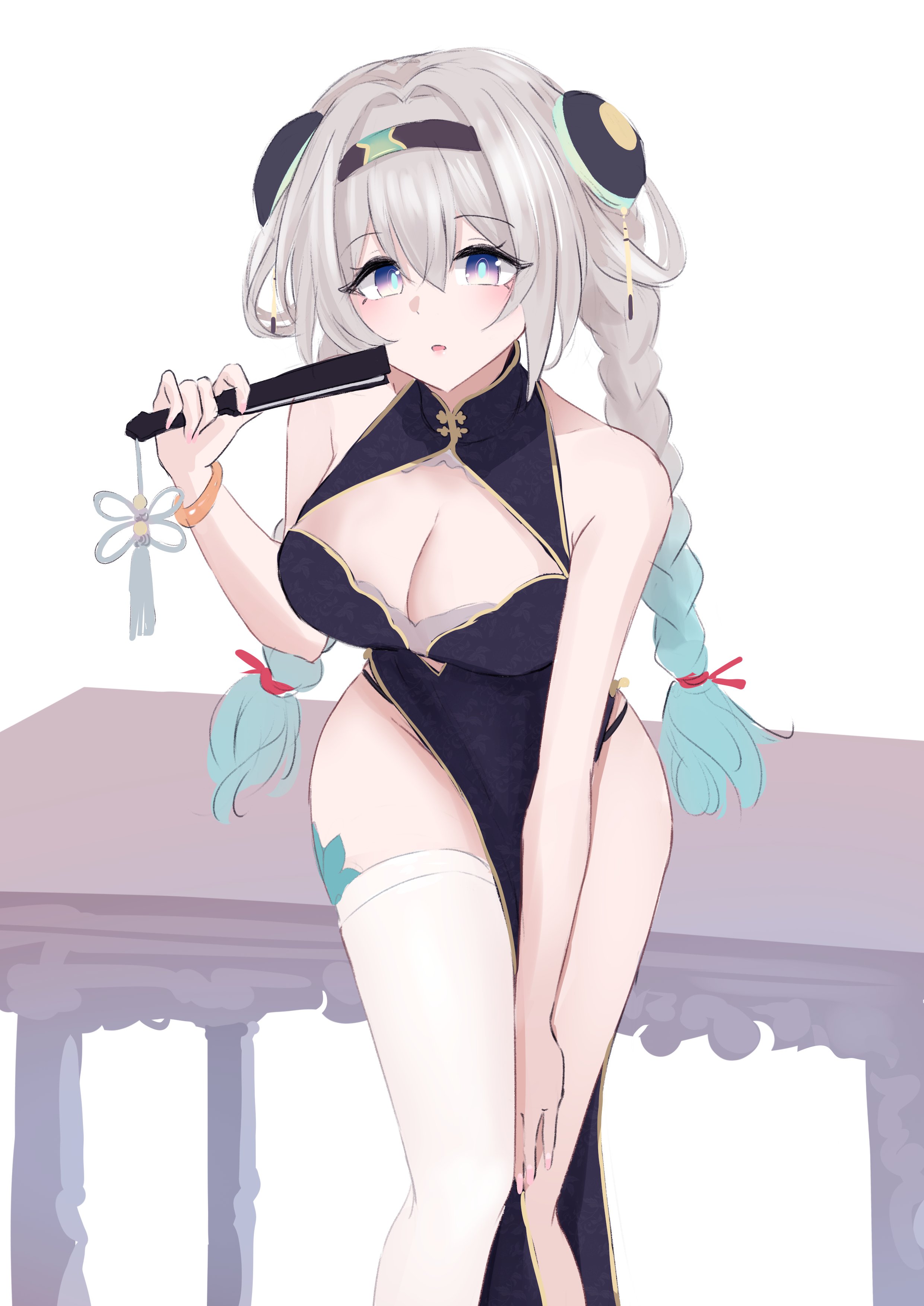 hivern, firefly (honkai: star rail), honkai: star rail, honkai (series), absurdres, highres, :o, blush, braid, breasts, brown hairband, china dress, chinese clothes, cleavage, double bun, dress, gradient eyes, gradient hair, green pupils, grey hair, hair between eyes, hair bun, hair intakes, hairband, hand fan, holding, holding fan, leg tattoo, long hair, medium breasts, multicolored eyes, multicolored hair, open mouth, single thighhigh, tattoo, thighhighs, twin braids, white thighhighs