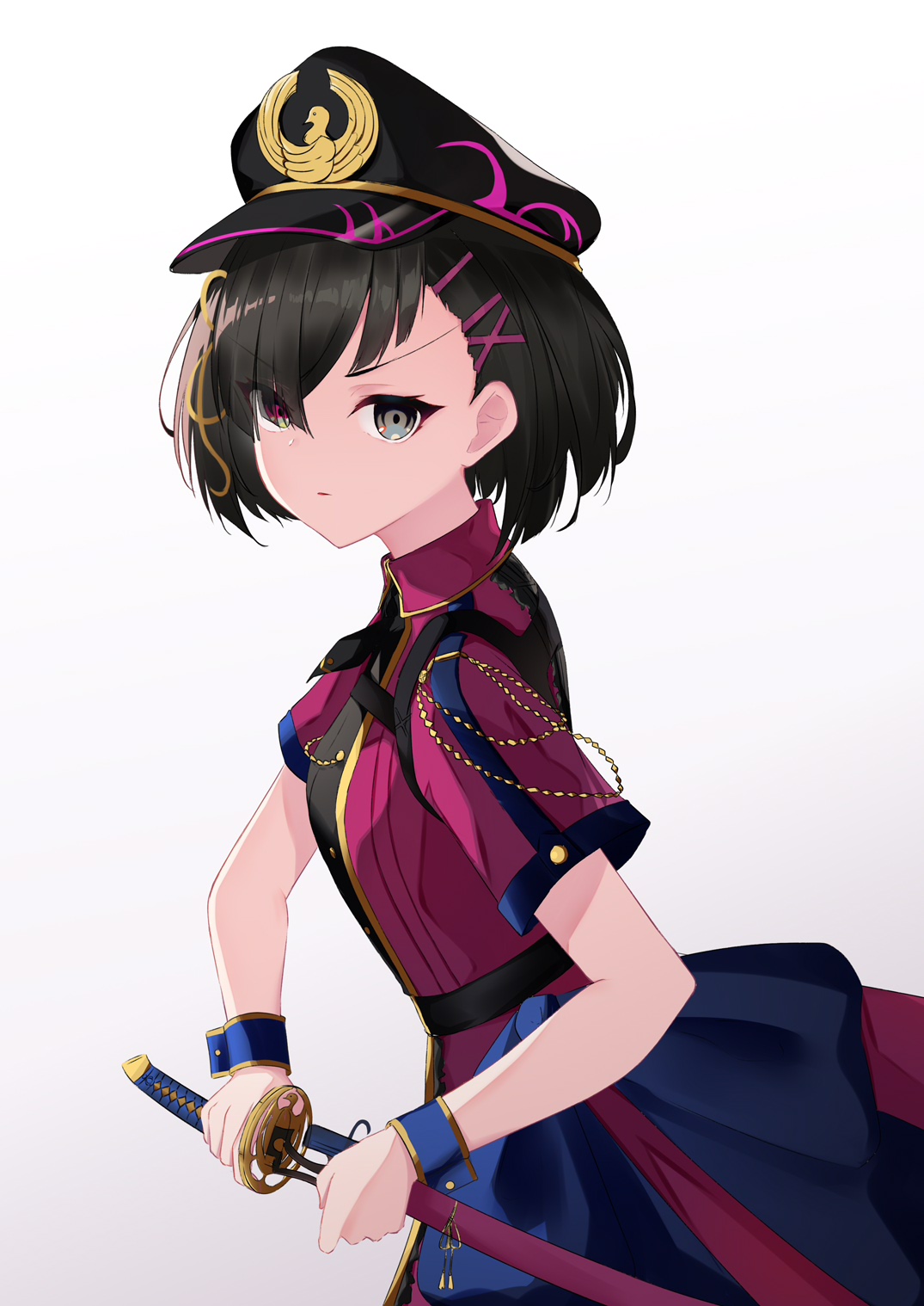 riya (01214), mysterious ranmaru x (fate), fate/grand order, fate (series), commentary request, highres, 1girl, black hair, black hat, breasts, closed mouth, from side, gradient background, grey background, grey eyes, hair ornament, hair over one eye, hairclip, hat, heterochromia, holding, holding sheath, holding sword, holding weapon, jacket, katana, looking at viewer, looking to the side, peaked cap, purple jacket, purple skirt, red eyes, sheath, short hair, short sleeves, skirt, small breasts, solo, sword, unsheathing, v-shaped eyebrows, weapon, white background, wrist cuffs, x hair ornament