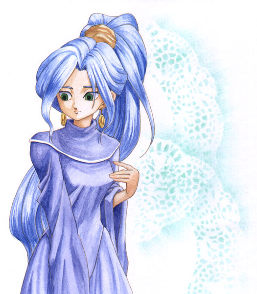 pirka, schala zeal, chrono (series), chrono trigger, 1990s (style), 1girl, blue hair, earrings, female focus, green eyes, jewelry, long hair, ponytail, solo