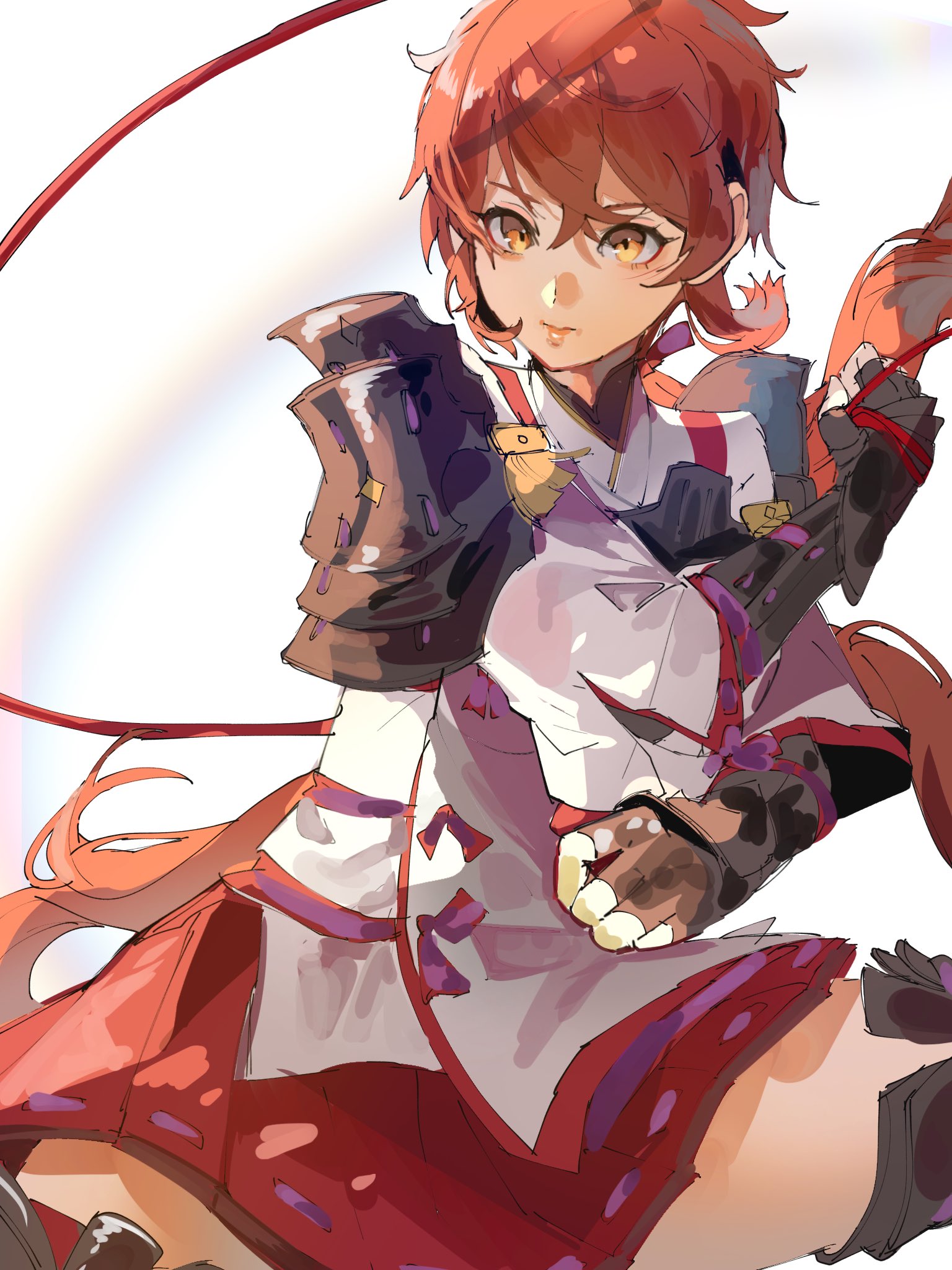 4me3ba niku, lora (xenoblade), xenoblade chronicles (series), xenoblade chronicles 2, xenoblade chronicles 2: torna – the golden country, highres, 1girl, armor, brown hair, gloves, pauldrons, red hair, short hair, shoulder armor, simple background, skirt, solo