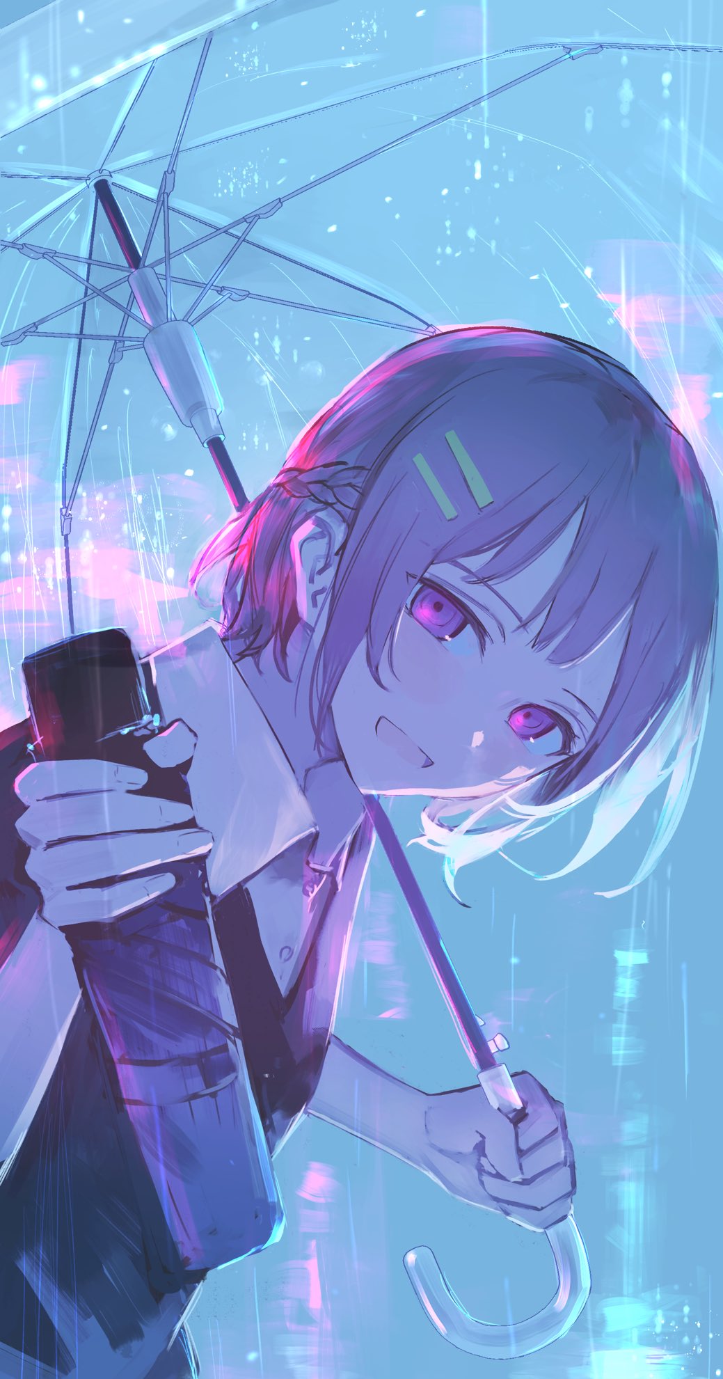 alt (apou), original, commentary request, highres, 1girl, black vest, braid, closed umbrella, collared shirt, giving, hair ornament, hairclip, half up braid, hand up, holding, holding umbrella, incoming gift, leaning forward, looking at viewer, open mouth, outdoors, parallel hairclips, purple eyes, purple hair, rain, shirt, short hair, smile, solo, umbrella, upper body, vest, white shirt