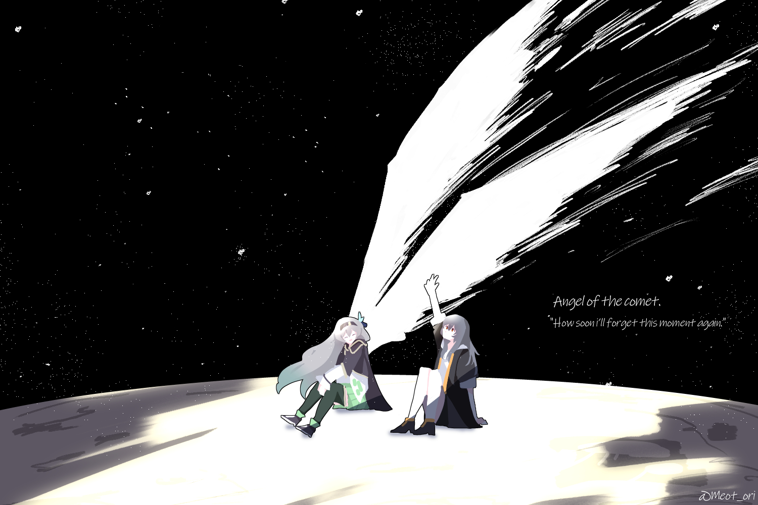 electronduck, firefly (honkai: star rail), stelle (honkai: star rail), trailblazer (honkai: star rail), honkai: star rail, honkai (series), 2girls, aqua dress, aqua thighhighs, black jacket, black skirt, dress, english text, gradient hair, grey hair, hair between eyes, hair intakes, jacket, long hair, moon, multicolored hair, multiple girls, open clothes, open jacket, open mouth, shirt, skirt, space, thighhighs, twitter username, white shirt, white wings, wings