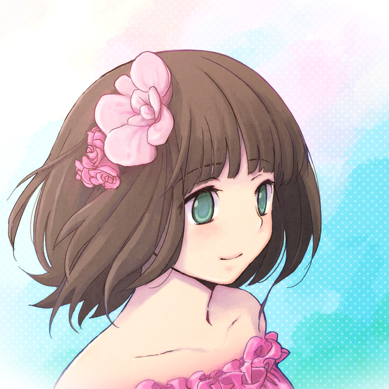 nogoodlife, amami haruka, idolmaster, idolmaster (classic), 00s, 1girl, bare shoulders, blush, brown hair, female focus, flower, gradient background, green eyes, portrait, short hair, smile, solo