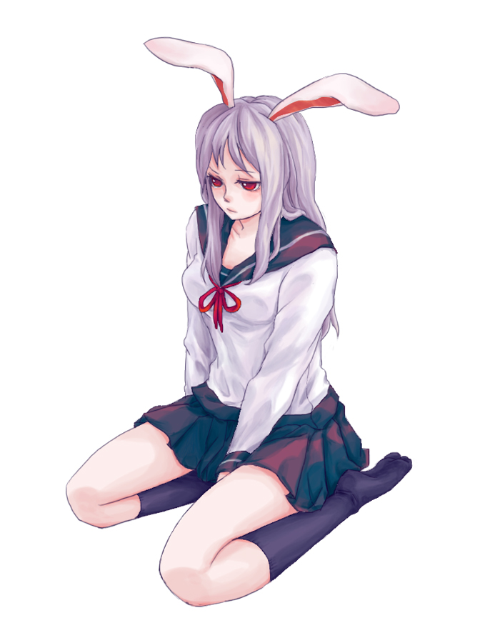 gyou3, reisen udongein inaba, touhou, light purple hair, 1girl, alternate costume, animal ears, female focus, full body, kneehighs, long hair, rabbit ears, red eyes, sailor collar, school uniform, simple background, skirt, socks, solo, white background