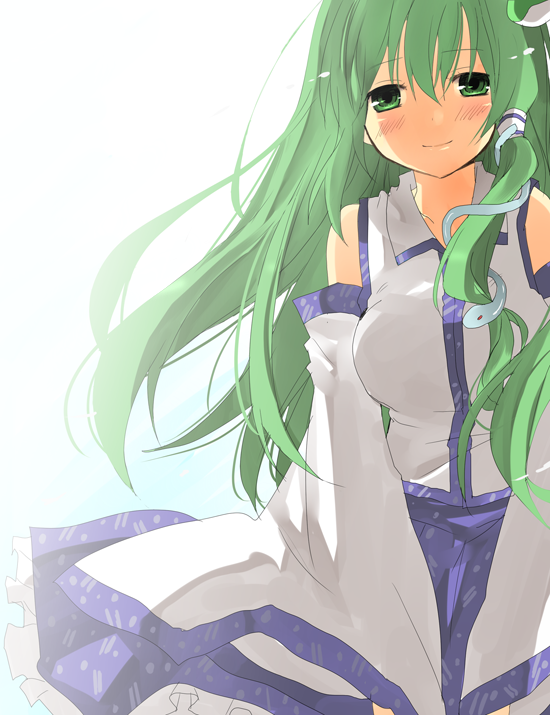 kurot, kochiya sanae, touhou, 1girl, blush, detached sleeves, female focus, green eyes, green hair, head tilt, long hair, matching hair/eyes, smile, solo, wind