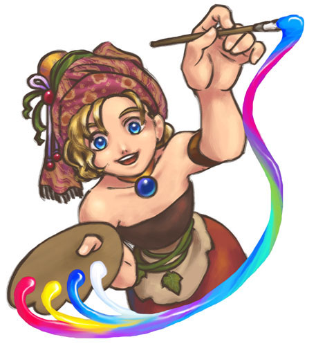 pirka, relm arrowny, final fantasy, final fantasy vi, lowres, 1990s (style), armlet, blonde hair, blue eyes, choker, jewelry, paint, paint palette, paintbrush, retro artstyle