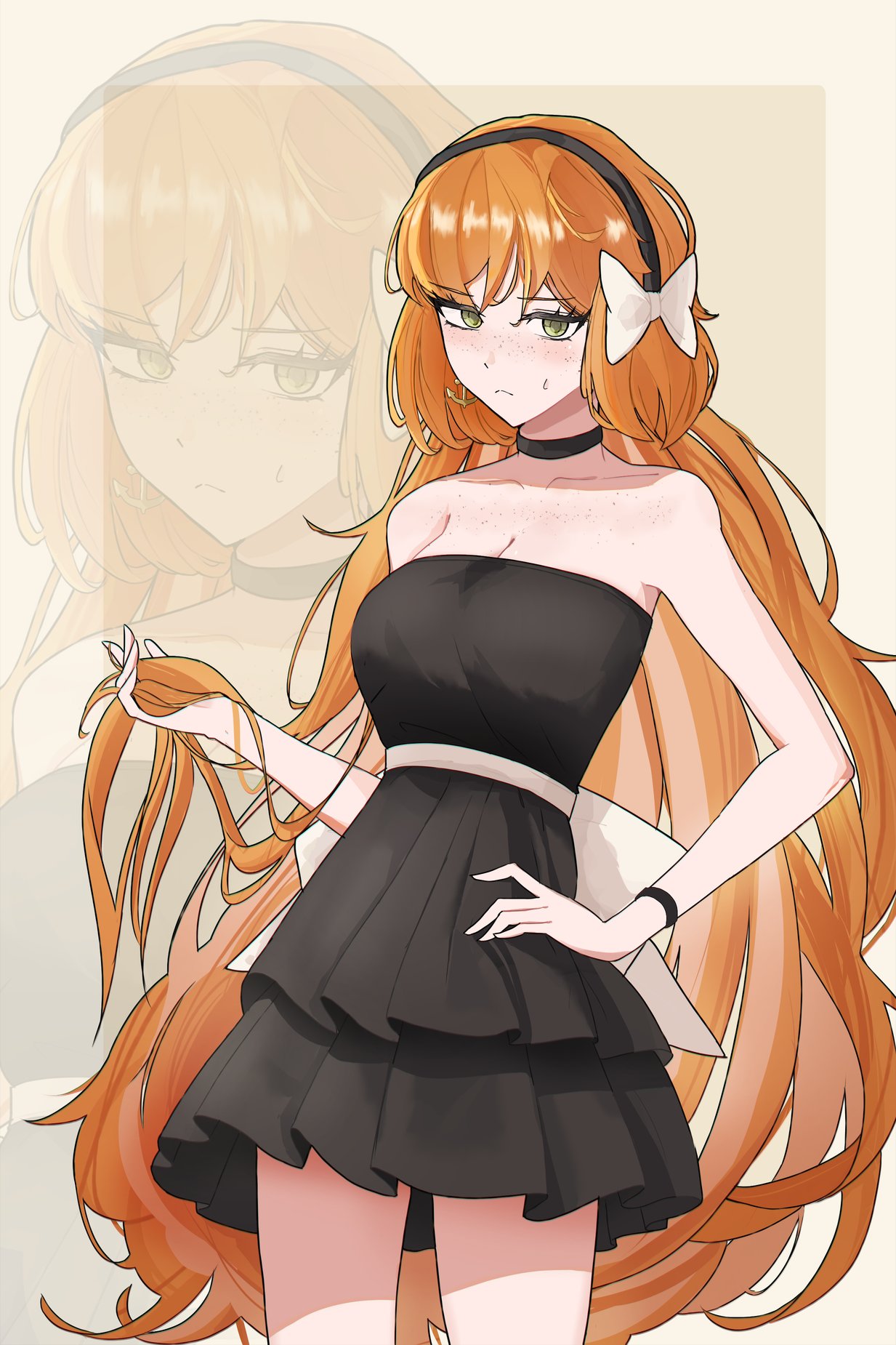 ld0blev, ishmael (project moon), limbus company, project moon, highres, 1girl, bare shoulders, black choker, black dress, blush, bow, breasts, choker, cleavage, dress, freckles, green eyes, hair bow, hairband, hand on own hip, holding, jewelry, long hair, looking at viewer, orange hair, solo, strapless, strapless dress, very long hair, white bow