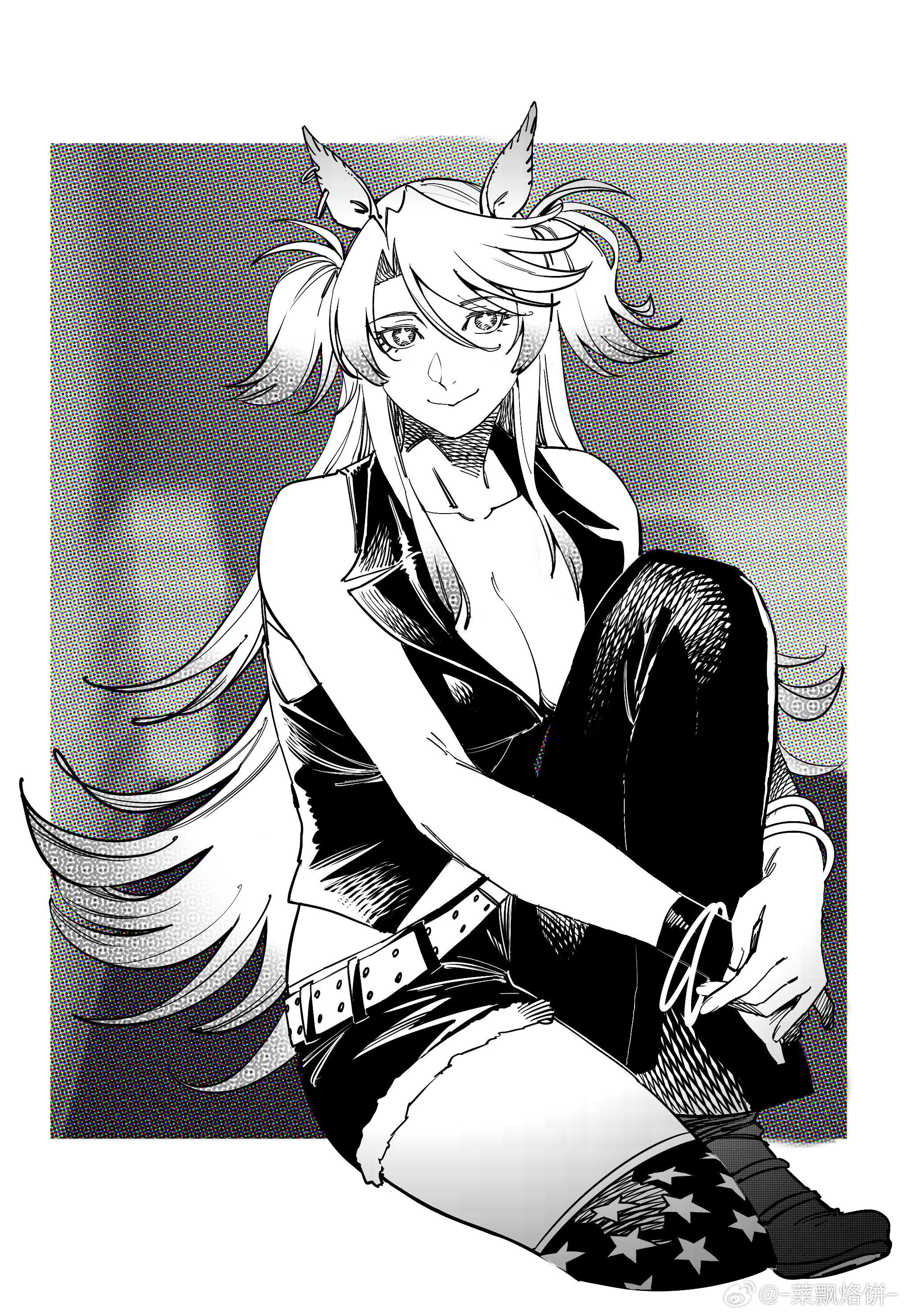 ruukii drift, obey your master (umamusume), umamusume, absurdres, highres, 1girl, american flag legwear, animal ears, artist name, breasts, cleavage, greyscale, horse ears, horse tail, long hair, looking at viewer, monochrome, smile, solo, star-shaped pupils, star (symbol), symbol-shaped pupils, tail, vest, watermark