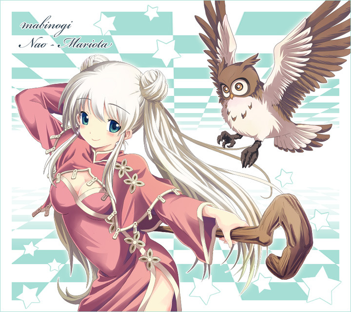 sisco, nao (mabinogi), mabinogi, 1girl, animal, bird, blue eyes, cane, china dress, chinese clothes, dress, female focus, long hair, owl, smile, solo, twintails, white hair, wings