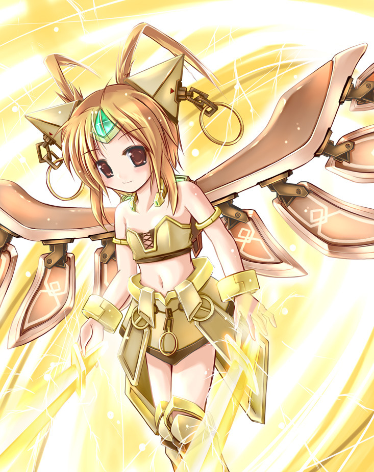 female sword spirit, mabinogi, 1girl, antenna hair, armlet, armor, blonde hair, blush, bracelet, bustier, dual wielding, female focus, flat chest, holding, jewelry, lingerie, metal wings, navel, red eyes, ring, skirt, smile, solo, thighhighs, twintails, underwear, wings, zettai ryouiki