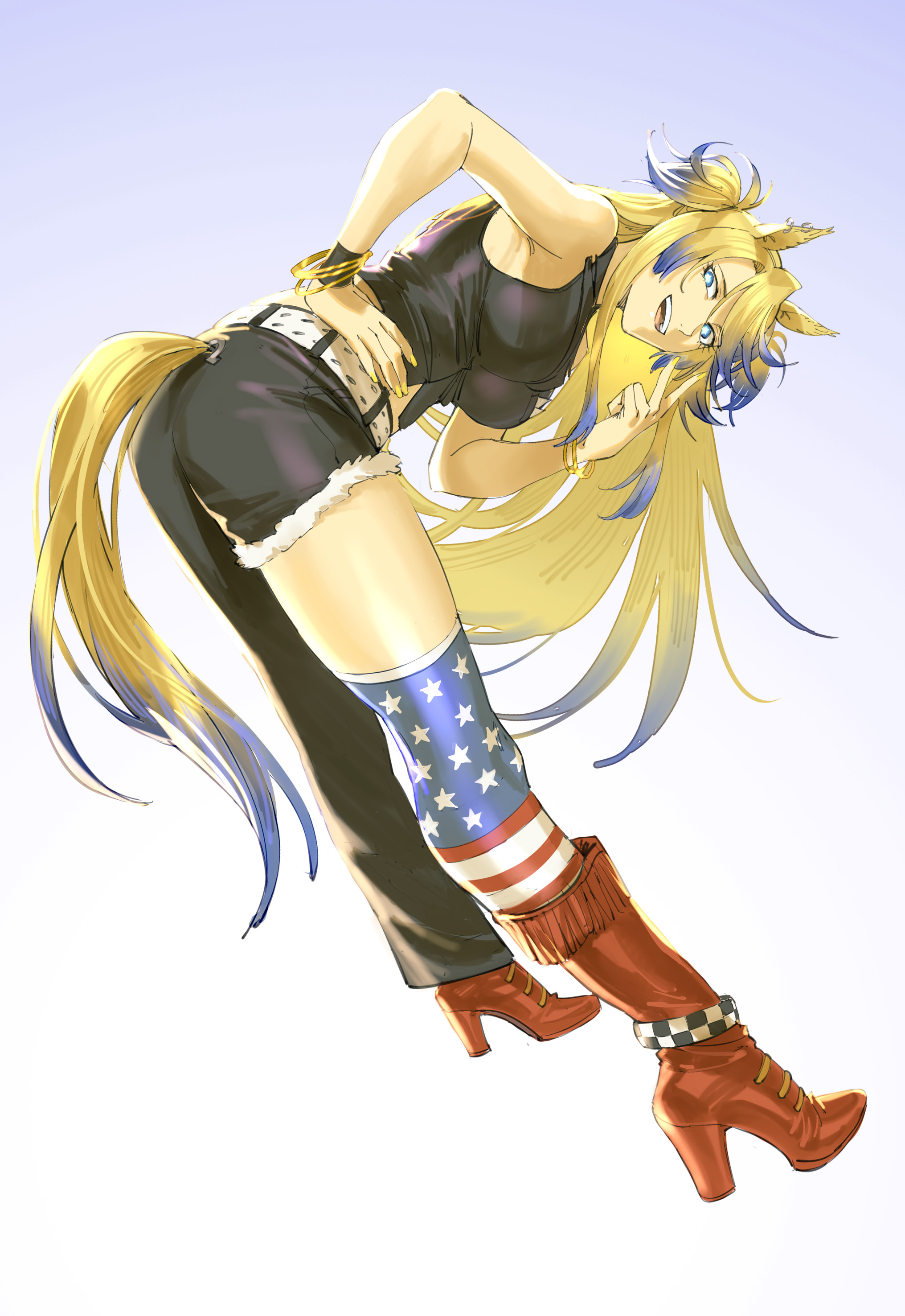 ruukii drift, obey your master (umamusume), umamusume, umamusume: cinderella gray, absurdres, highres, 1girl, american flag legwear, animal ears, armpits, asymmetrical pants, belt, black pants, blonde hair, blue eyes, blue hair, bracelet, breasts, colored inner hair, ear ornament, full body, gold bracelet, gradient background, hand on own hip, horse ears, horse girl, horse tail, jewelry, leaning forward, long hair, looking at viewer, medium breasts, multicolored hair, nail polish, open mouth, pants, shirt, sleeveless, sleeveless shirt, smile, solo, streaked hair, studded belt, tail, two side up, v, very long hair, white belt, yellow nails
