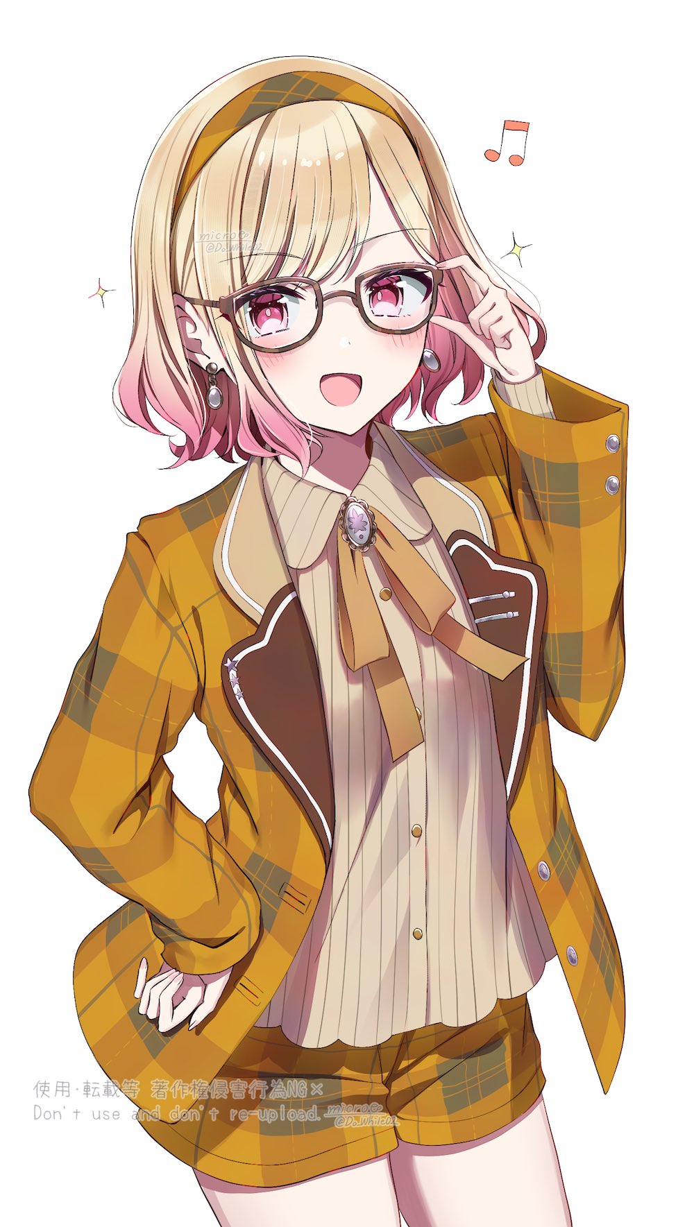 do while02, tenma saki, project sekai, commentary request, highres, 1girl, adjusting eyewear, bespectacled, blonde hair, blush, earrings, glasses, gradient hair, hairband, hand on own hip, happy enjoy music! (project sekai), jacket, jewelry, long sleeves, looking at viewer, multicolored hair, musical note, official alternate costume, official alternate hair length, official alternate hairstyle, open mouth, pink hair, shirt, short hair, shorts, simple background, smile, solo, watermark, white background