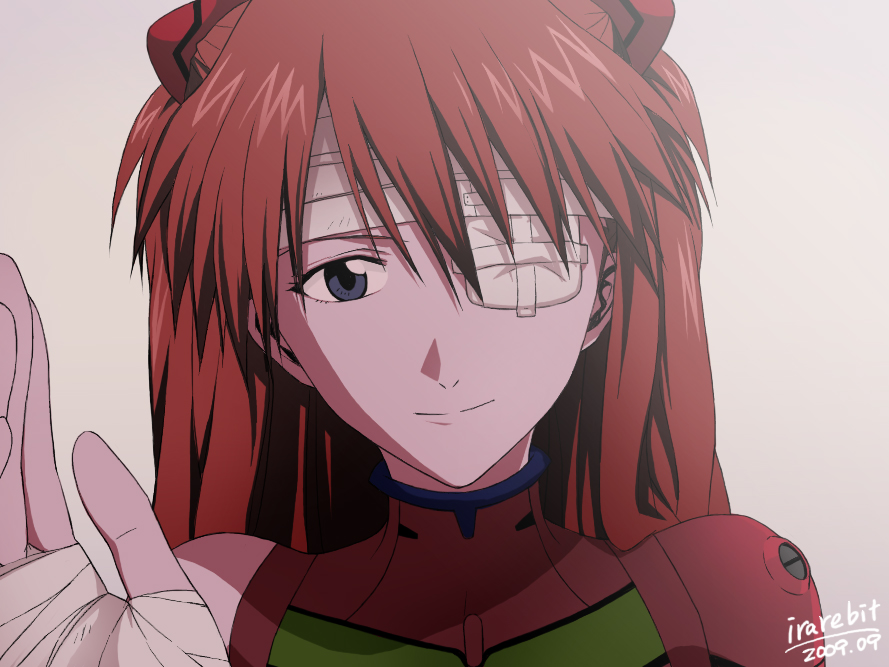 chimachi, souryuu asuka langley, neon genesis evangelion, bad id, bad pixiv id, 1girl, bandages, blue eyes, female focus, mecha pilot suit, plugsuit (evangelion), portrait, red hair, smile, solo