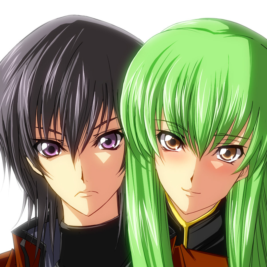 juri (shiningred), jyuri (artist), c.c., lelouch vi britannia, code geass, bad id, bad pixiv id, 00s, 1boy, 1girl, black hair, brown eyes, couple, green hair, hetero, purple eyes, smile