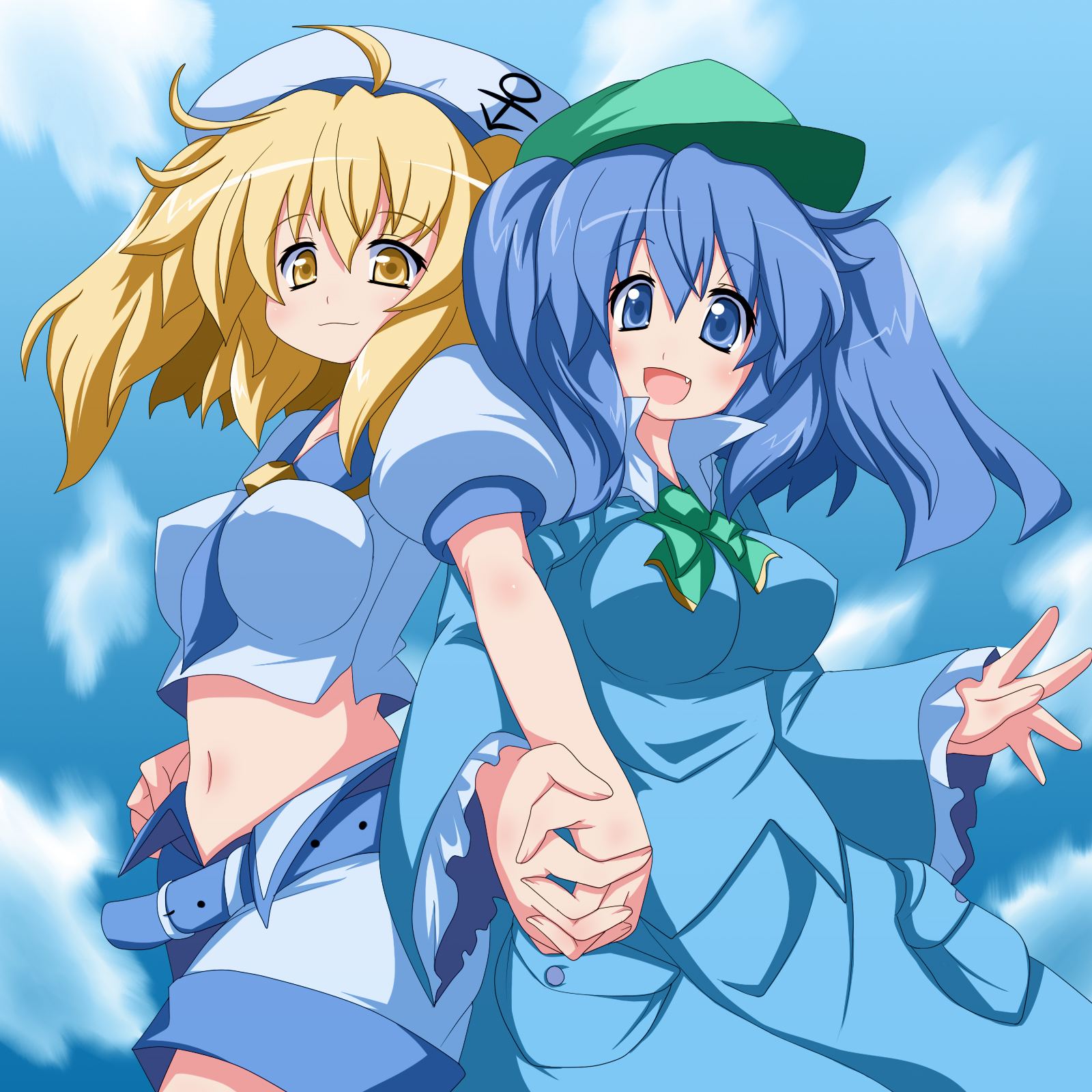 oborotsuki kakeru, kawashiro nitori, kitashirakawa chiyuri, macross, macross frontier, phantasmagoria of dim.dream, touhou, touhou (pc-98), highres, 2girls, belt, blonde hair, blue eyes, blue hair, breasts, fang, female focus, hat, holding hands, large breasts, lion (macross frontier), long hair, midriff, multiple girls, navel, parody, twintails, two side up, yellow eyes